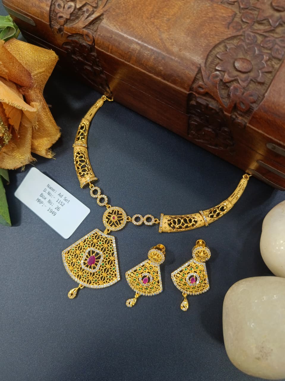 Anju 1 Gram Gold Plated Designer AD Necklace Set